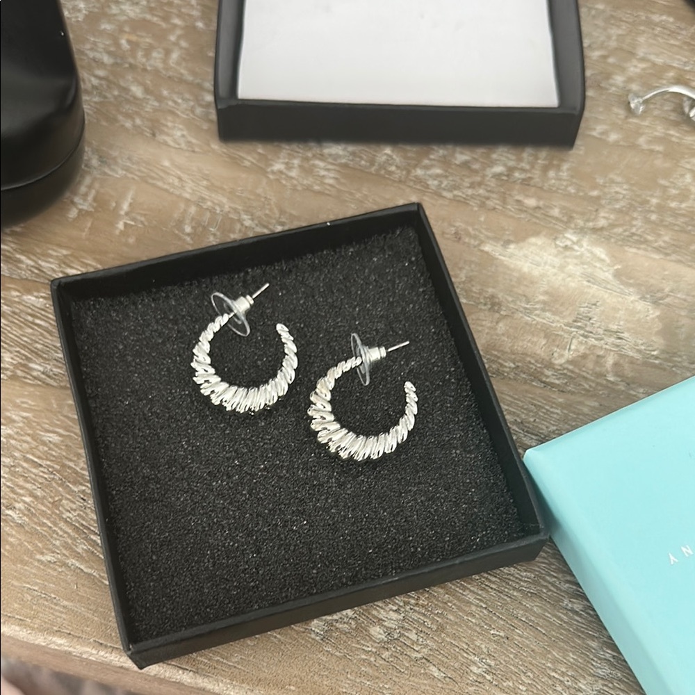 Silver Crescent Moon Hoop Earrings with Textured Design